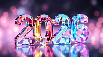 Vibrant New Year 2026 image: dynamic 3D crystal numbers in iridescent, gradient colors, resembling luxurious diamonds. 
