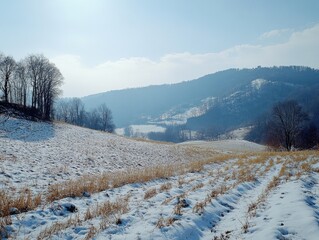 Snow-covered field, rural countryside, farm, hills in distance, overcast sky with mist or fog