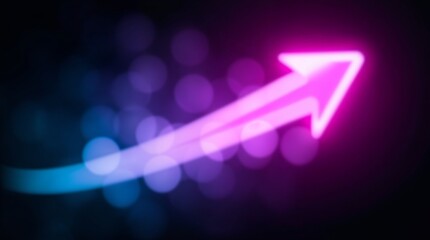 neon arrow, blurred bokeh effect, gently points upward on a black background. 