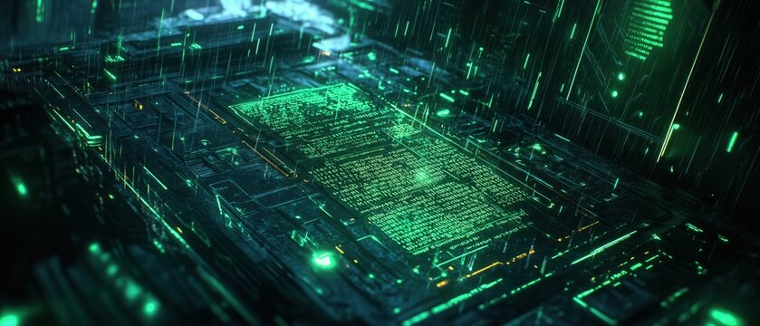 Hacker&rsquo;s Vision of the Matrix &ndash; Glowing Digital Code Rain in a Cyberpunk Virtual World