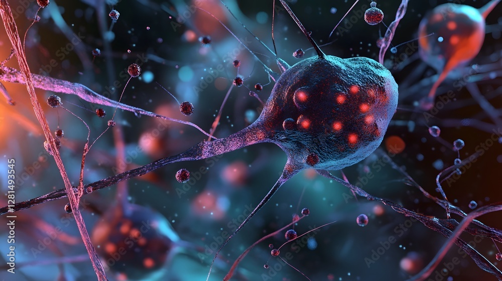Aufkleber Vibrant Neural Network Synapse and Cell Anatomy in Digital Abstract and microscopic view of the complex structure and interconnected neurons in a futuristic scientific and medical conceptual image