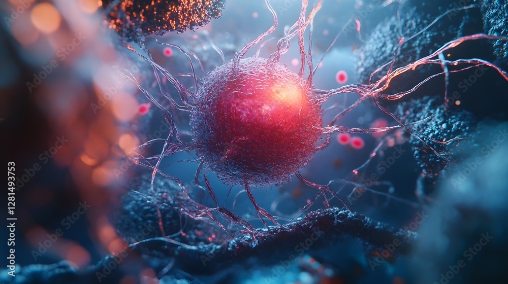 Poster Vibrant Neuron Network in Futuristic Digital Landscape  3D of abstract neural network synaptic connections and biological communication in a conceptual technology infused environment