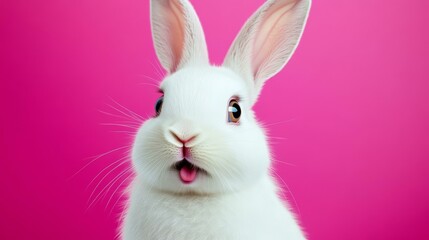 Obraz premium Cute White Rabbit Close-up Against Pink Background