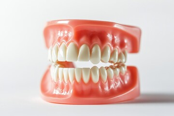 Pair of red vintage dental models showing upper and lower teeth, used for patient impressions and dental care instruction.