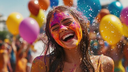 People enjoying a vibrant and joyous Holi festival, throwing colored powder into the air, with festive atmosphere.