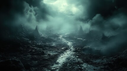 Dark fantasy landscape, mystical river, stormy sky, ominous peaks, game background