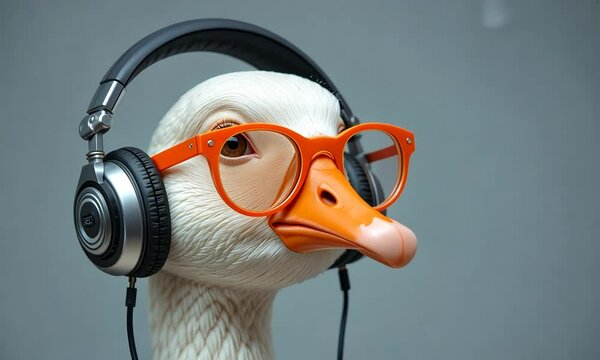 A quirky white duck wearing stylish orange glasses and black headphones, looking cool and confident. Concept of humor and modern trends