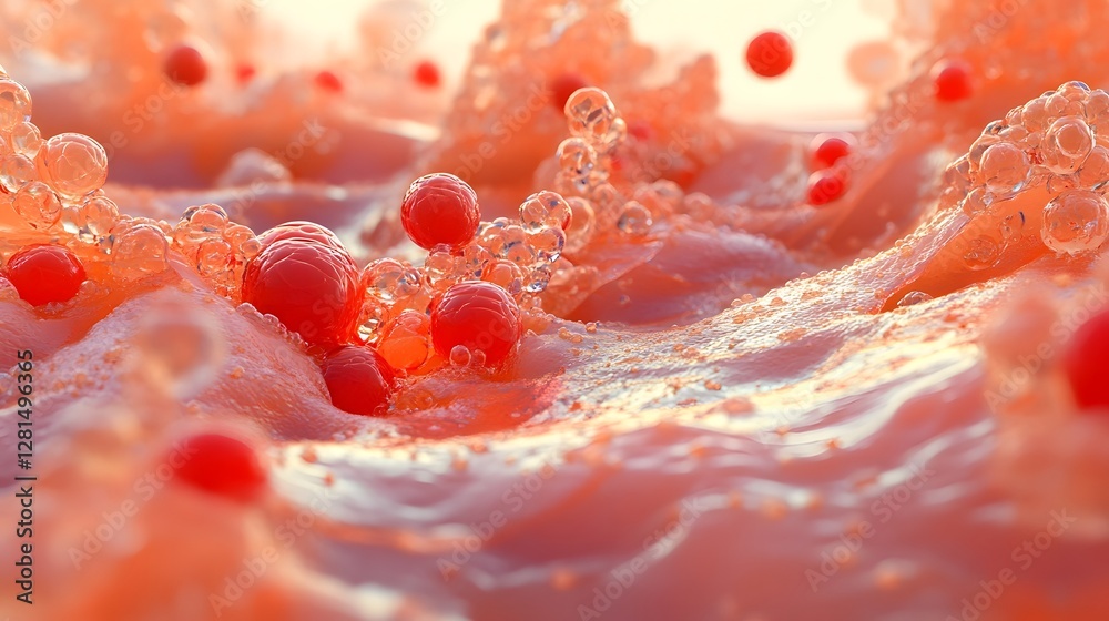 Poster Vibrant Red Liquid Splash with Transparent Bubbles and Waves   Abstract Dynamic Fluid Motion Background with Colorful Graphic Textures and Patterns