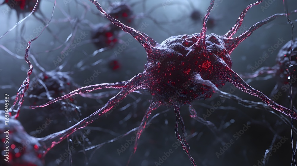 Poster Vibrant Red Neural Network Synapse Electricity Impulse Structure  Abstract microscopic view of the complex and intricate network of neurons synapses