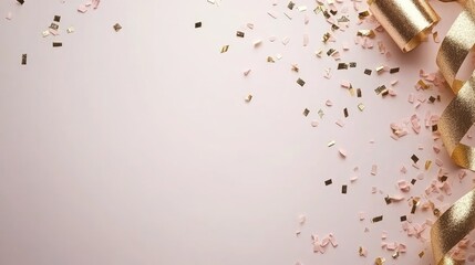 Golden confetti is artistically arranged on a soft pink background, setting a joyful mood for special occasions or celebrations