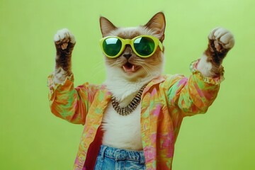 anthropomorphic cat in hipster attire performing disco moves wearing retro sunglasses and vibrant clothing against a lime green backdrop