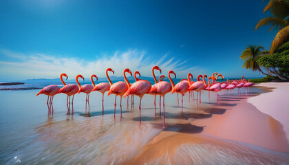 Beautiful pink flamingos on an exotic beach resort with amazing background scenery