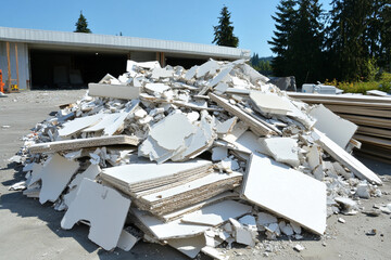 Discarded drywall fragments accumulated in construction area. Generative AI