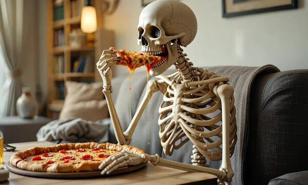 Humorous scene of a skeleton enjoying a slice of pizza in a cozy home setting, representing waiting for food for too long. Concept of dark humor and surrealism