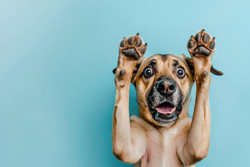 Surprised shocked dog face with paws on head on blue background with copy space. Generative AI