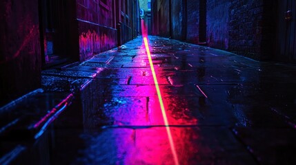 Neon Nightscape: A vibrant alleyway bathed in pink and blue neon light, reflecting on a wet cobblestone street.
