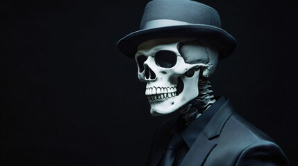 Fototapeta premium Skeletal businessman wearing tailored suit, standing against shadowy background, radiating eerie, haunting corporate ambiance