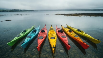 Colorful rowing canoes at rest on a shore. These boats are likely used for recreational water activities.