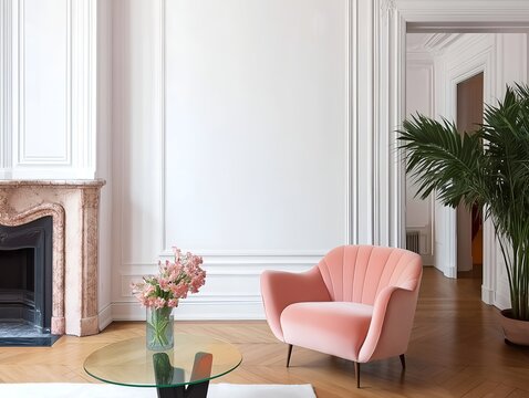 Classic parisian living room with pink velvet armchair and marble fireplace. Ideal for interior design mockup and advertisement. Generative AI.