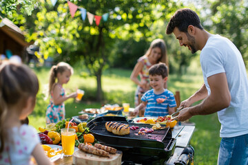 A family enjoying a summer cookout in their backyard, with grilled food, lemonade, and kids playing. Generative AI