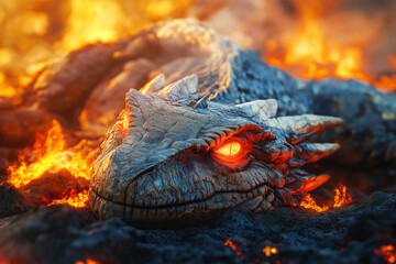 A battle-worn dragon with scarred scales lying in a fiery battlefield, its glowing eyes reflecting both strength and exhaustion.