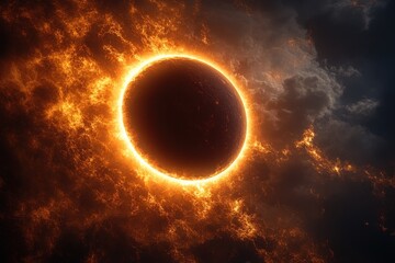 Dramatic Cosmic Eclipse Displaying Fiery Corona and Dark Planet Against a Cloudy Space Backdrop