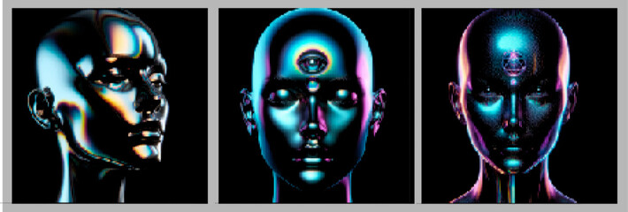 Fototapeta premium Trio of digital illustrations depicts human heads with metallic and neon effects, showcasing futuristic and cybernetic aesthetics against a dark background.