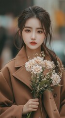Naklejka premium Stylish woman with delicate flowers, wearing a brown coat, posing thoughtfully against a blurred city background.
