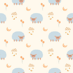 Sheep cartoon so cute. On moon balloon cloud star background. Pattern seamless vector illustration. 