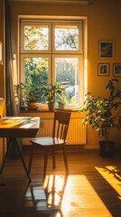 Obraz premium Cozy home office corner bathed in warm evening sunlight streaming through window, with wooden chair, desk, potted plants on windowsill and yellow walls creating peaceful workspace