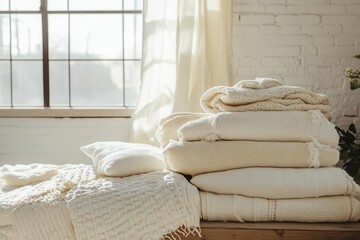 artisanal bedding collection displayed in a sundrenched loft featuring handloomed textiles in natural ivory and cream tones