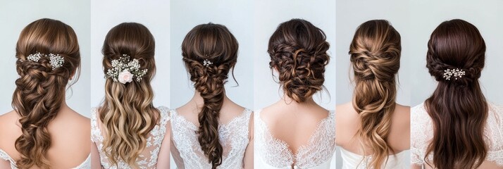 Collection of elegant bridal hairstyles with floral accessories showcasing different romantic updo and half-up styles, perfect for wedding day inspiration and special occasions.