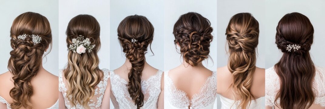 Collection of elegant bridal hairstyles with floral accessories showcasing different romantic updo and half-up styles, perfect for wedding day inspiration and special occasions.