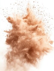 Ethereal brown pigment explosion on white backdrop capturing dynamic movement and abstract beauty in studio shot