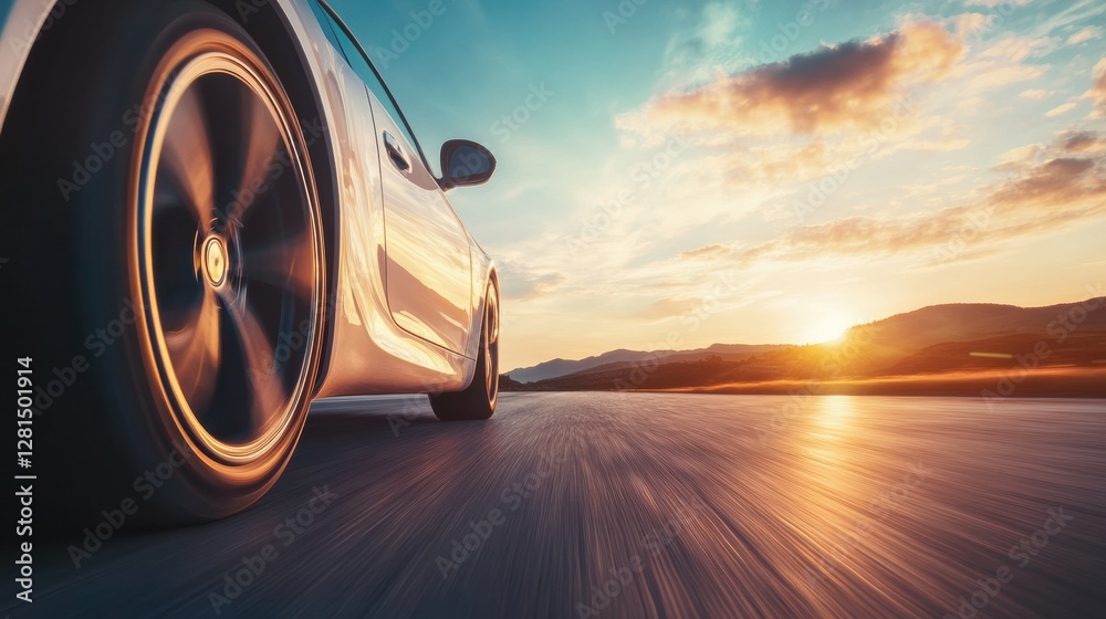 Aufkleber Sunset drive on an open road with a sports car speeding towards the horizon under a colorful sky. Generative AI