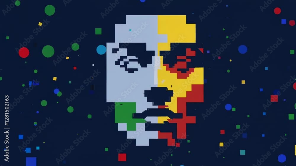 Aufkleber Digital robotic face glitching through pixel art animation, revealing colorful geometric shapes pulsing across dark blue technological background in slow motion loop