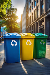 Contenedores de reciclaje de colores en calle urbana