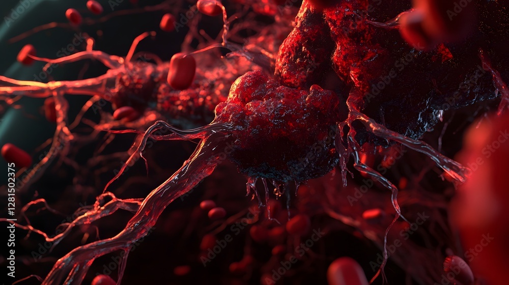 Poster Vivid microscopic organic texture with intense red and surreal biological structures abstract and complex micrograph image of scientific or medical research  Digital scientific imagery