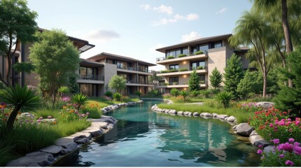 Obraz premium Serene Waterfront Resort Surrounded by Lush Gardens and Modern Architecture in Nature