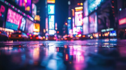Night Lights of Times Square, a vibrant city spectacle reflecting on the wet pavement