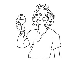 Woman in sunglasses holding a glass of wine. Funny print design of clothes. Vector