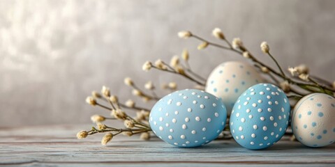 Obraz premium Colorful blue and white Easter eggs in a basket with flowers, symbolizing the festive holiday of spring.