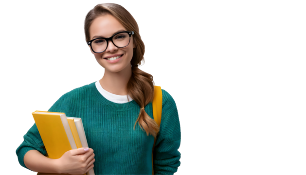 Smiling young female college student with book, transparent background