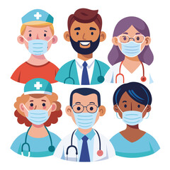 Set of smiling doctors, nurses and paramedics. Portraits of male and female medic workers in uniform with stethoscopes, masks and gloves. Flat cartoon vector illustration isolated on white background