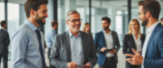 Three professionals in suits, discussing company updates against a bright, blurred background