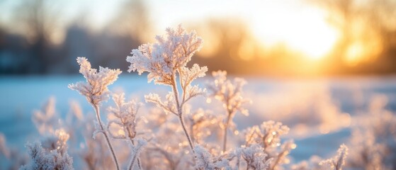 Winter's Gentle Embrace Frost Kissed Flora Capturing the Serene Beauty of a Golden Sunrise on Snowy Meadow