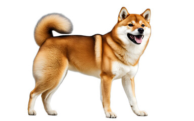 A playful Shiba Inu with a curled tail and a happy expression, isolated on a empty plain background