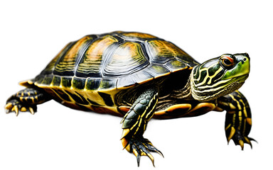 Fototapeta premium A red-eared slider turtle resting on a small rock, isolated on a empty plain background