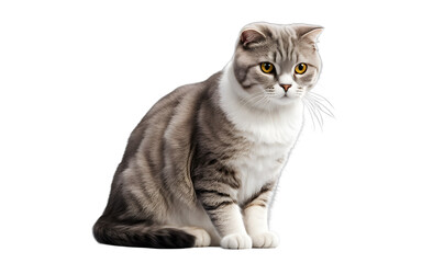 Fototapeta premium A Scottish Fold cat with folded ears sitting calmly, isolated on a empty plain background