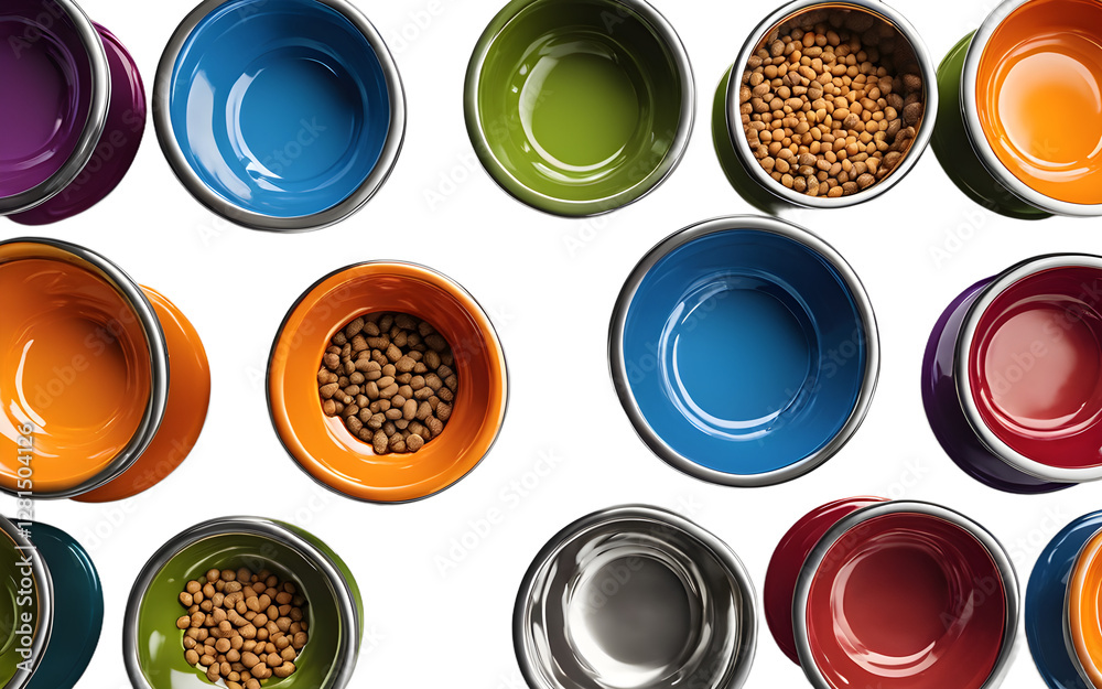 Poster a set of colorful pet food bowls, isolated on a empty plain background